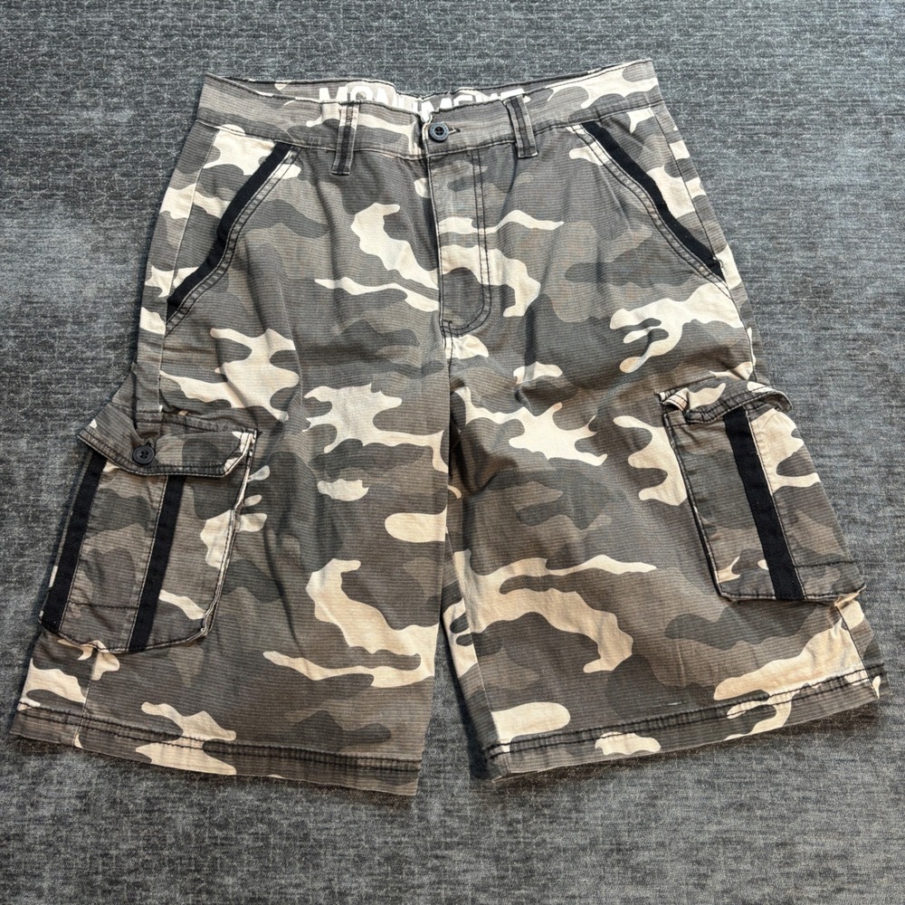 Monument Mens Camo Cargo Shorts Grey Olive Camouflage Size 30 Utility Y2K Summer